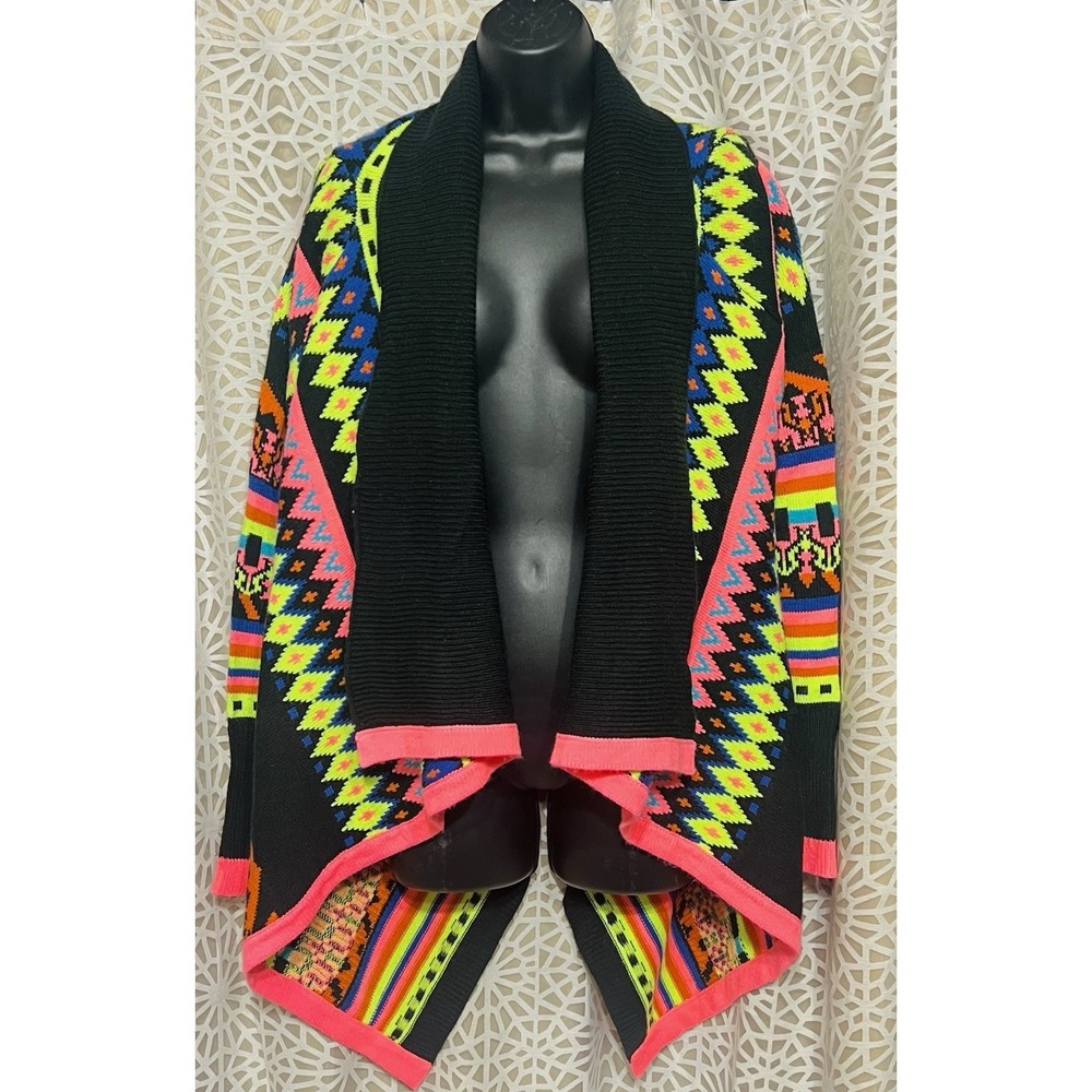 Y2K 2000s Neon Geometric Waterfall Open Cardigan Sweater S/M